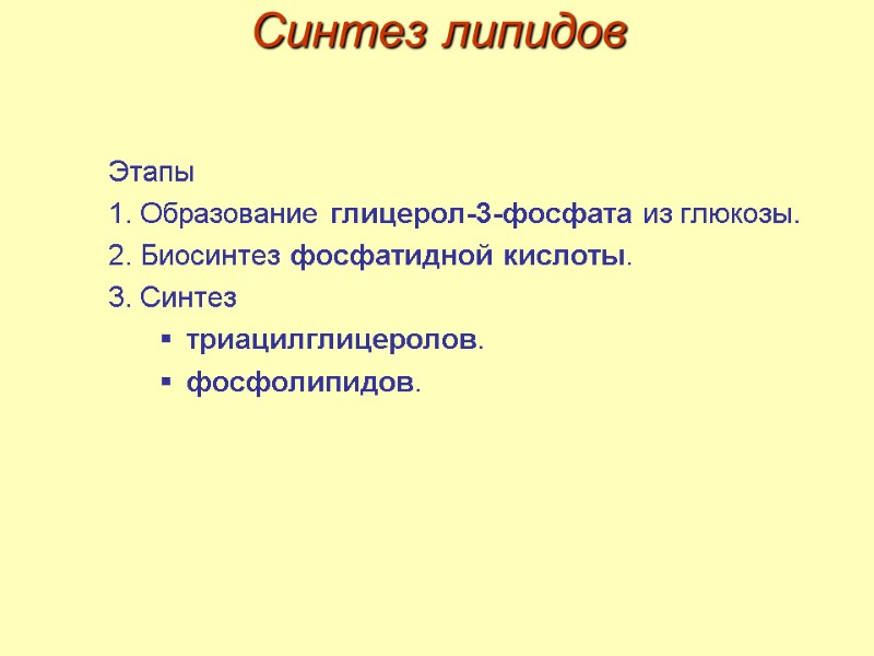 Синтез липидов Этапы 1. Образование глицерол-3-фосфата из глюкозы. 2. Биосинтез фосфатидной кислоты.  